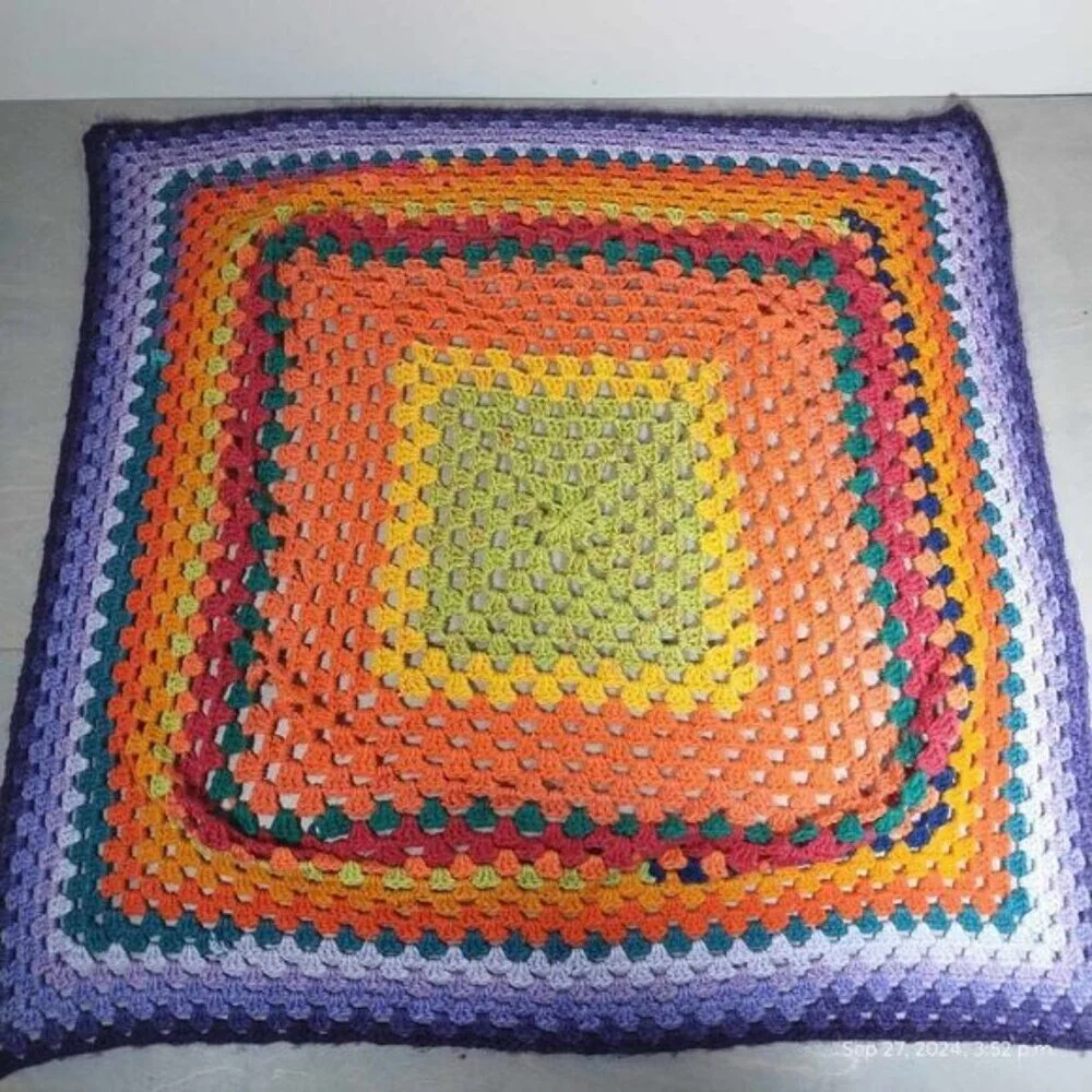 Handmade Crochet rainbow blanket art‎ square vibrant colors Tapestry